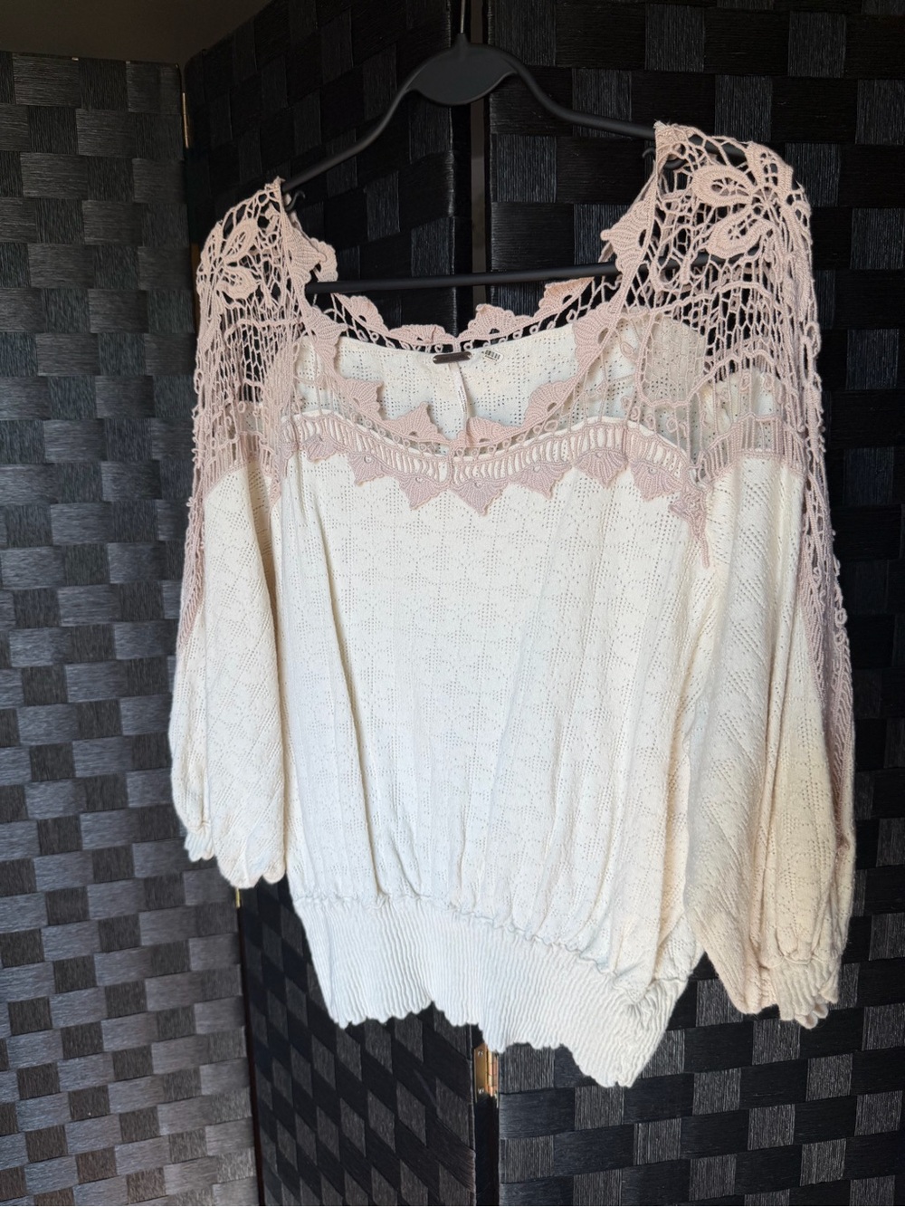 Free People Cream Top with Blush Crochet Yoke